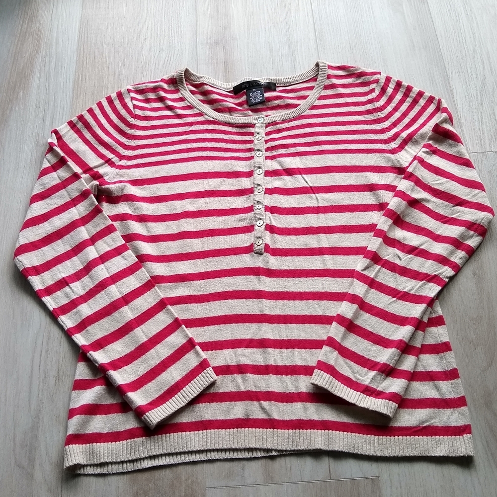 89th & Madison Long-Sleeve Knit Top Stripes Red Cream Henley Buttons Medium - Picture 9 of 9